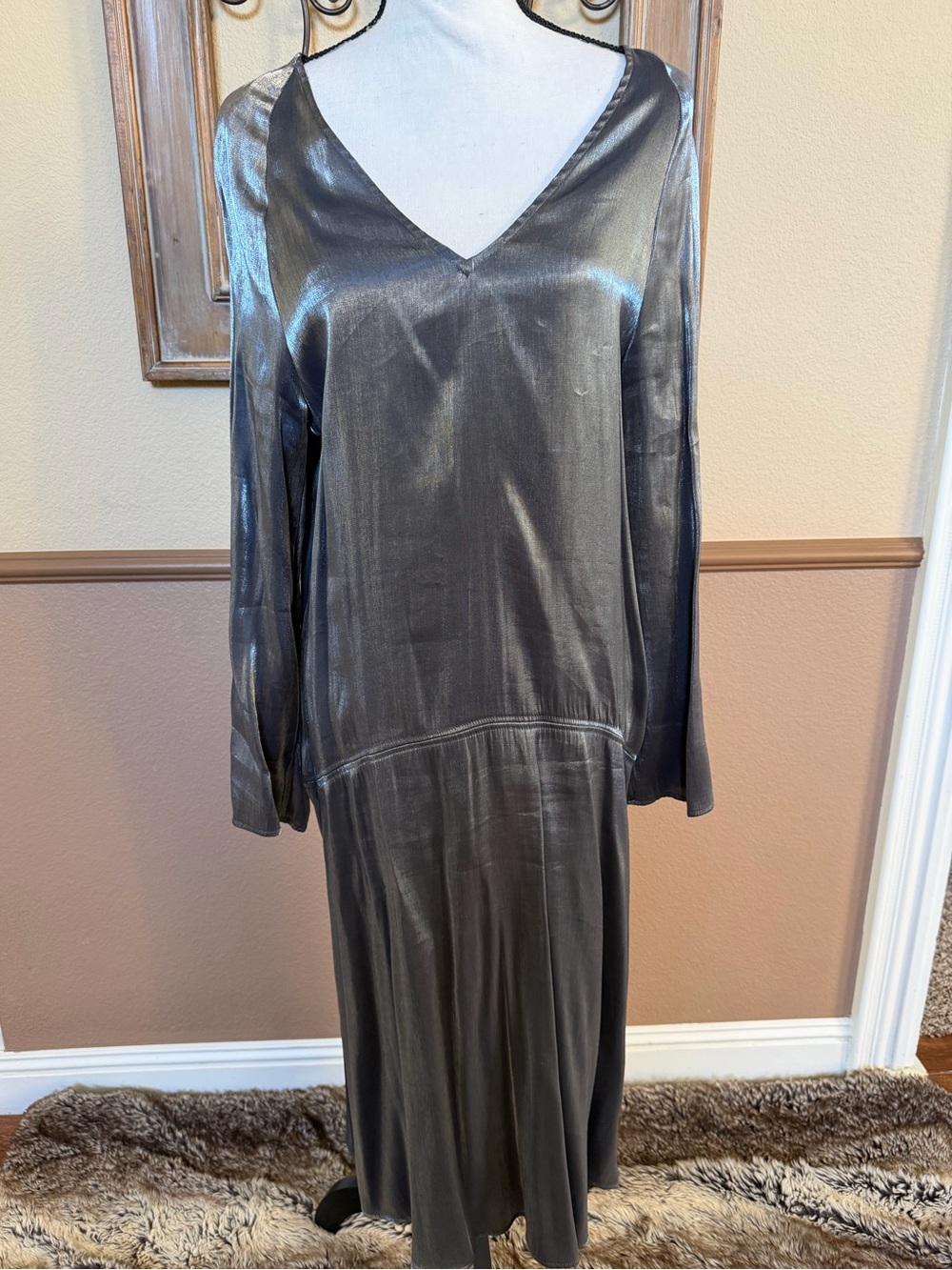 H&M Metallic Charcoal V-Neck Long Sleeve Dress